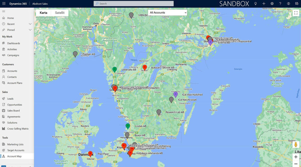Accelerator Account Map Geografisk översikt på kunder